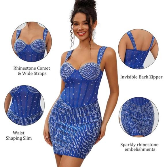 Womens Short Dress Rhinestones for Party Blue - Picture 5 of 5